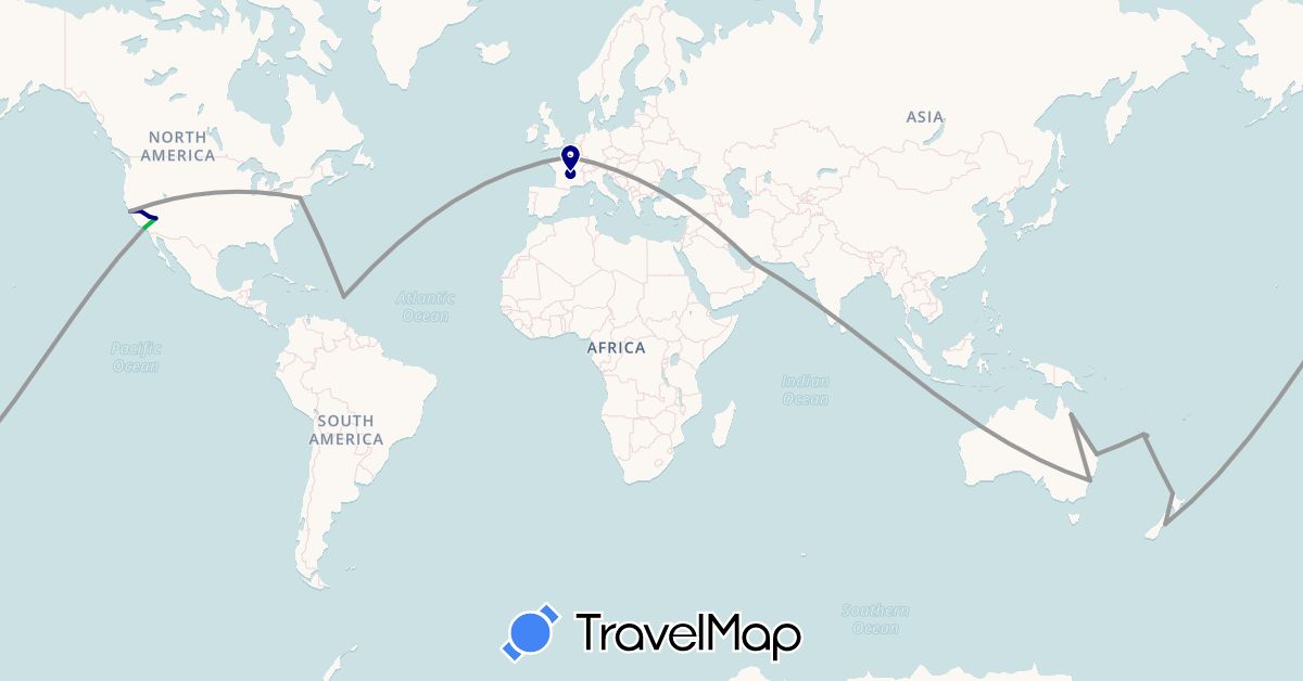 TravelMap itinerary: driving, bus, plane in United Arab Emirates, Australia, France, Guadeloupe, New Caledonia, New Zealand, United States (Asia, Europe, North America, Oceania)